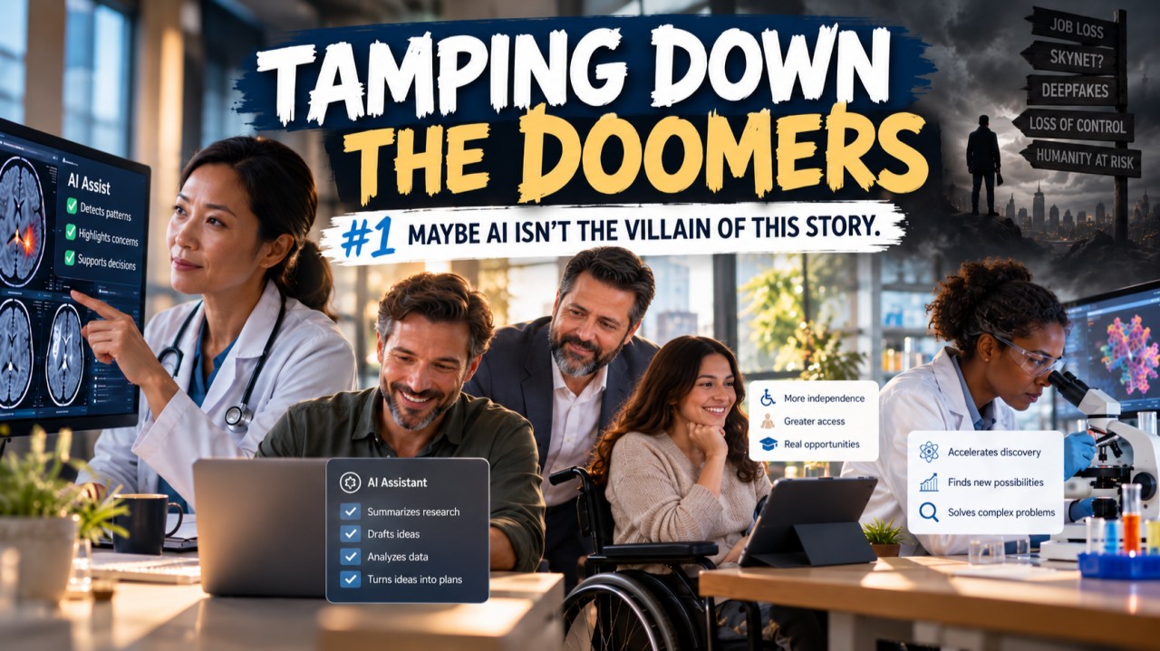 People using AI for healthcare, accessibility, work, and science beneath the message that AI is not the villain of the story