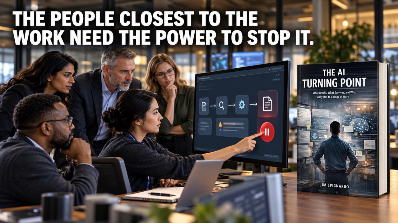 A diverse workplace team reviewing an AI workflow while an employee presses a red pause button