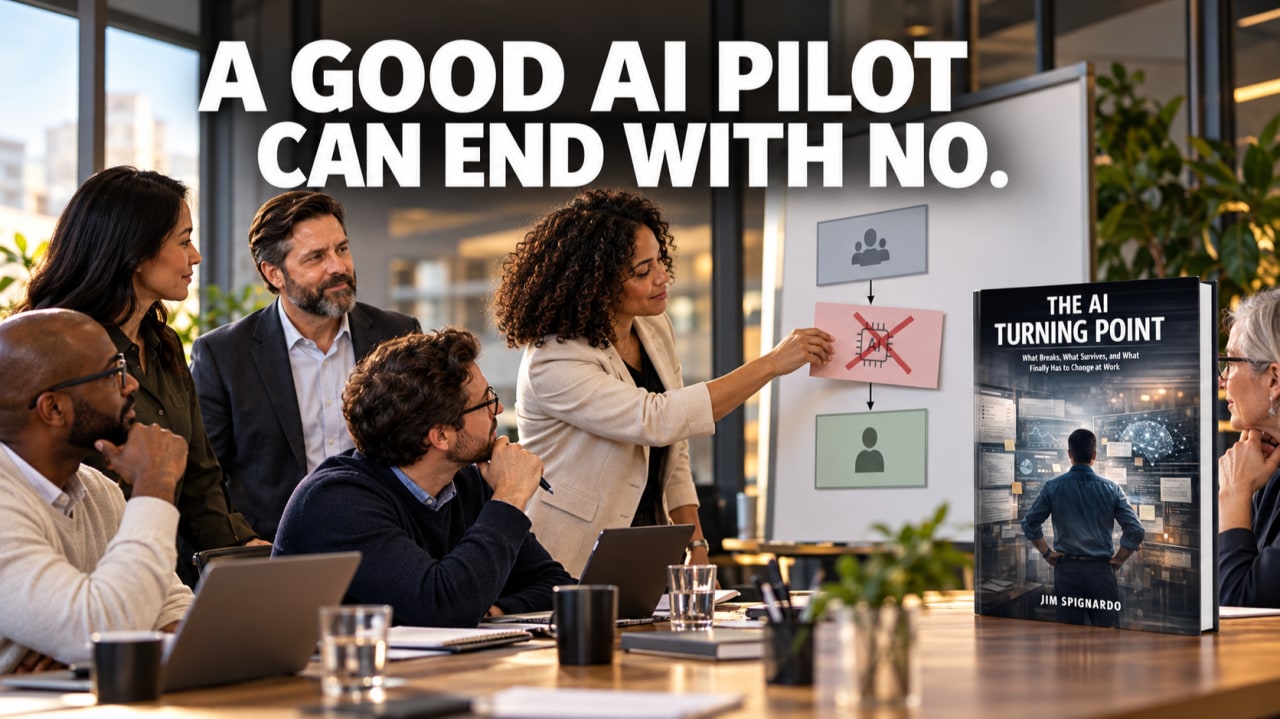Leaders reviewing AI pilot evidence at a decision point where stopping is presented as a valid outcome